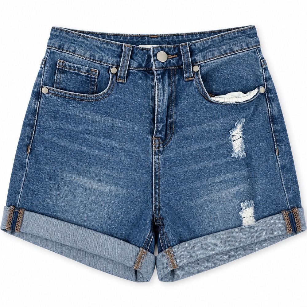 PTCL Ethical Clothing Womens Distressed Denim Shorts Cuffed Medium Wash Size 25